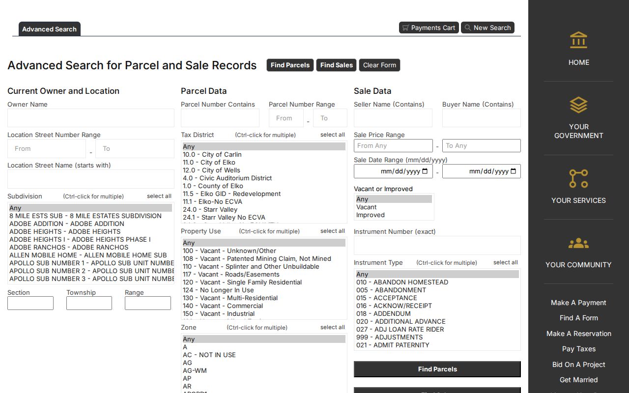 Elko residents directory assessor search fields