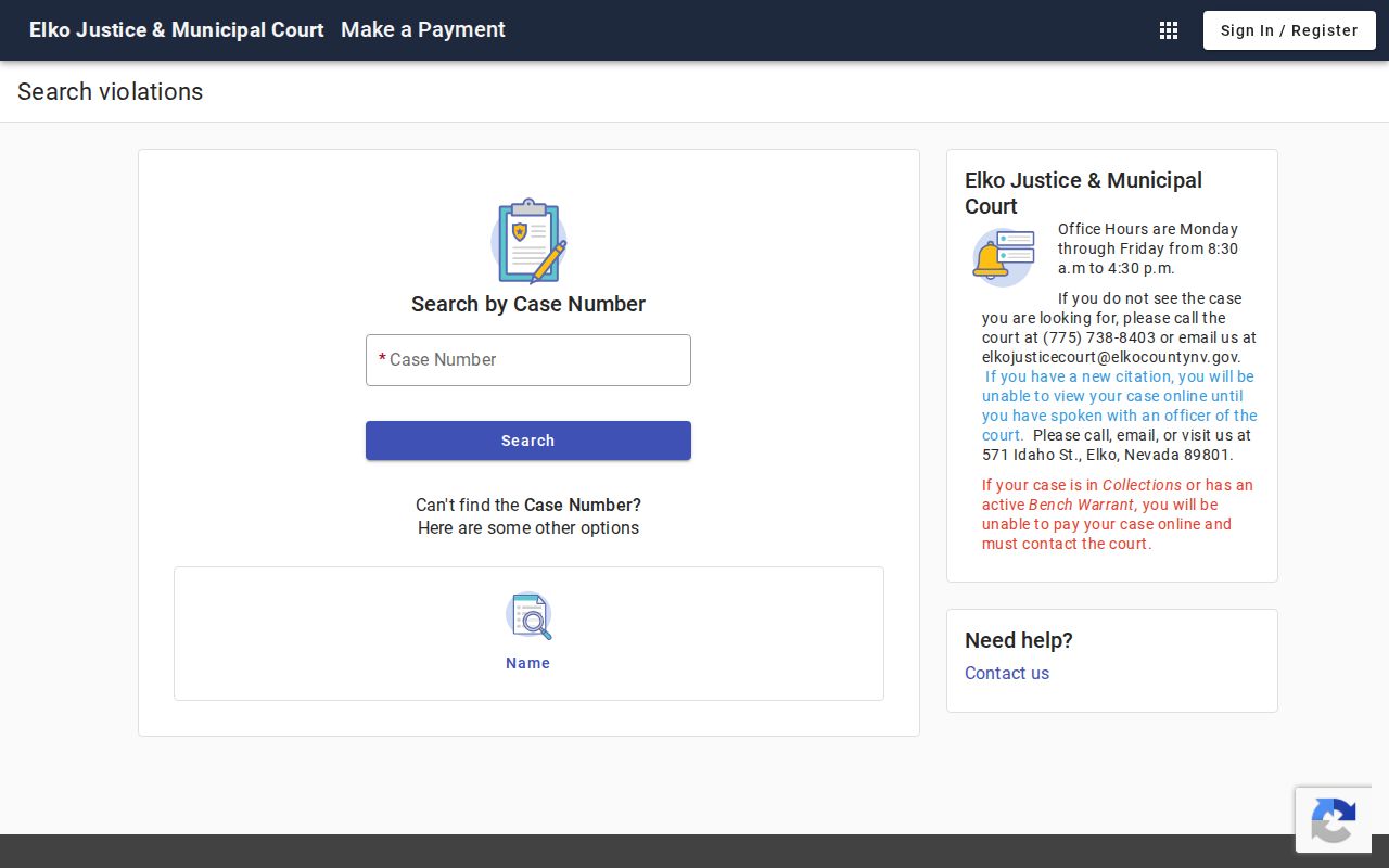 Elko resident lookup municipal court search fields