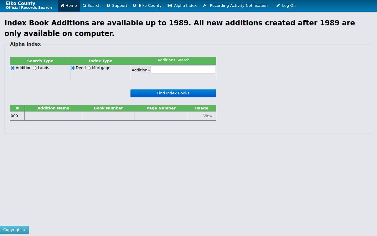 Elko street directory Recorder addition and land search fields