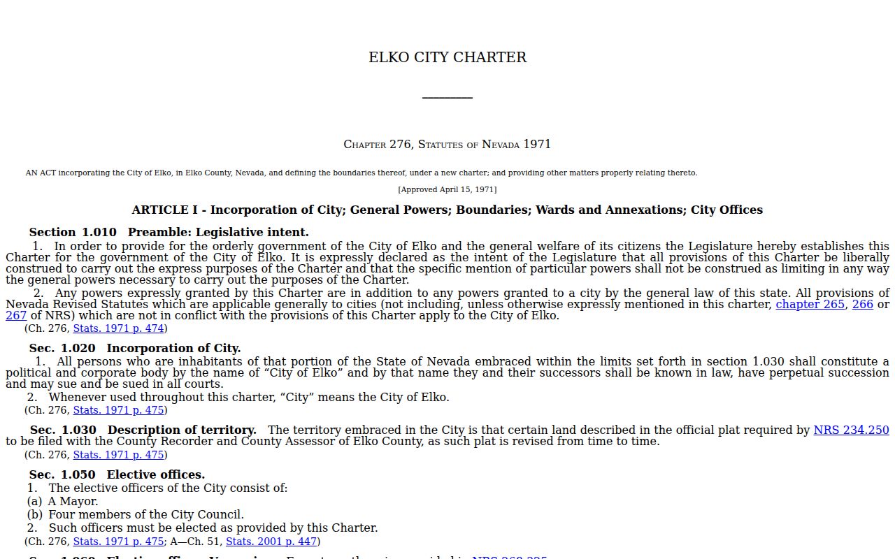 Elko ZIP-code directory boundary research through the Elko City Charter