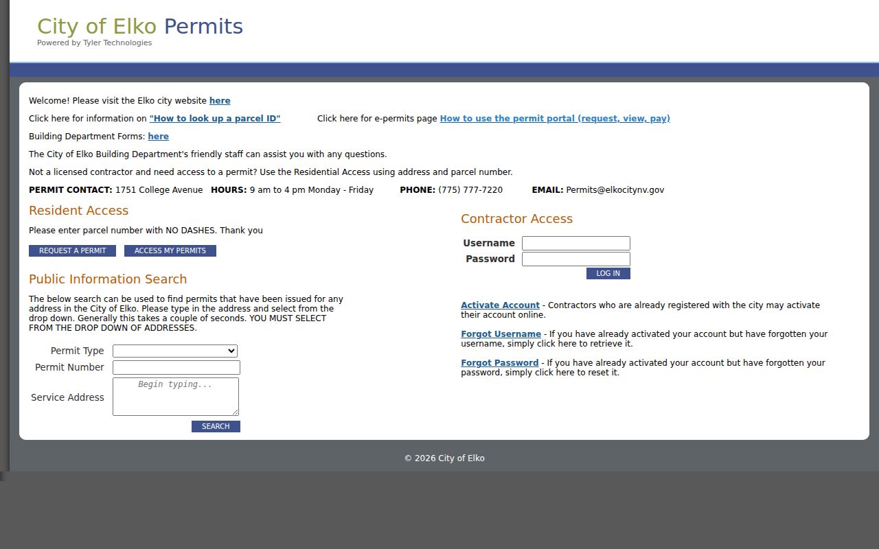 Elko street directory city permit search by parcel and service address