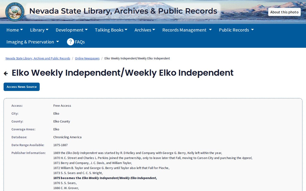 Elko city-directory research through Nevada State Library's digitized Elko newspaper guidance