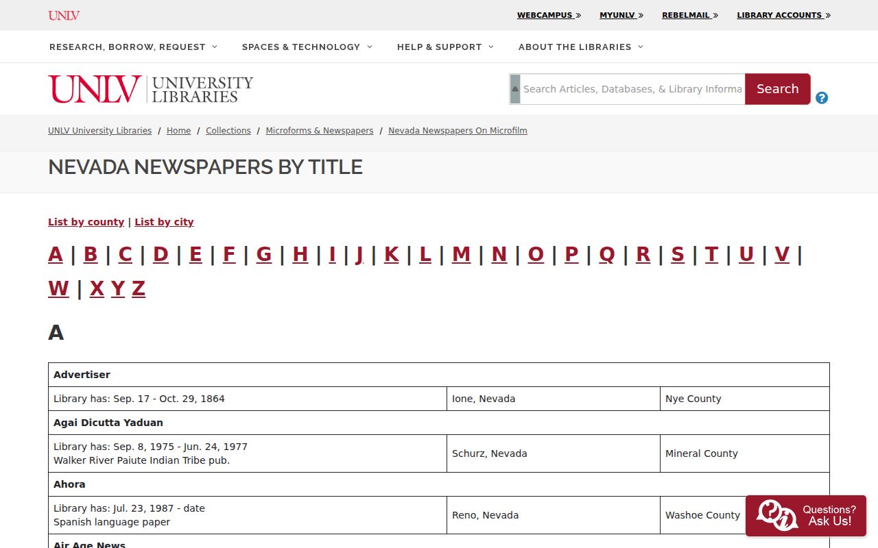 Elko city-directory context in UNLV's Nevada newspaper title holdings